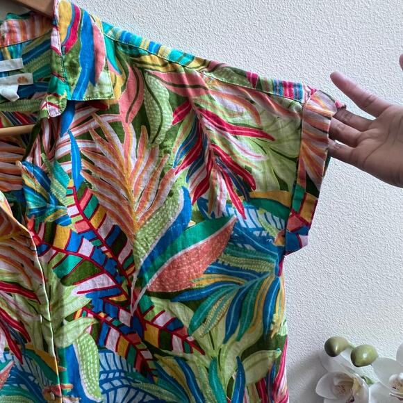 C & C California Button Up 100% Linen Shirt Bright Tropical Loose Fit Women's Lg - Picture 3 of 6